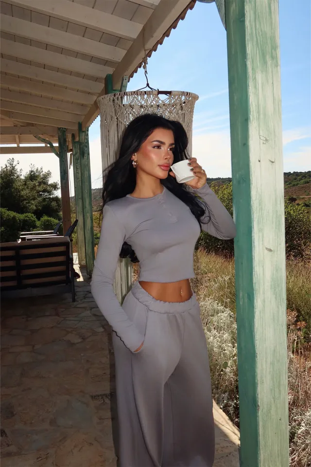 Women's Solid color Casual Crew neck Button up Long sleeve Top And Trousers Khaki - Shop at LoveMi