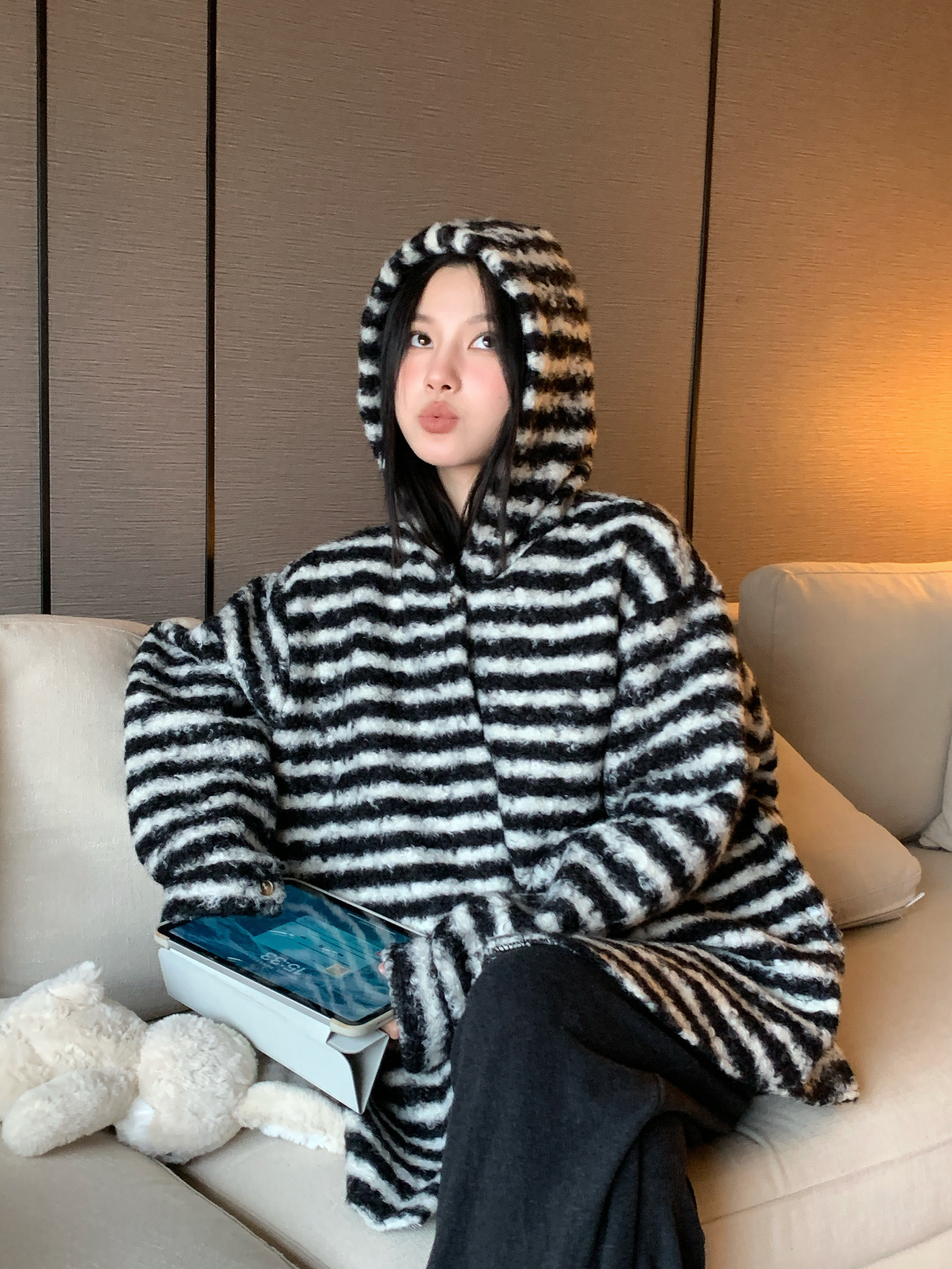 Contrast Color Striped Plush Hooded Long Sleeve Coat Women