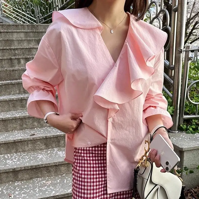 Patchwork Ruffle-Trimmed Loose All-Match Solid-Color Shirt For Women
