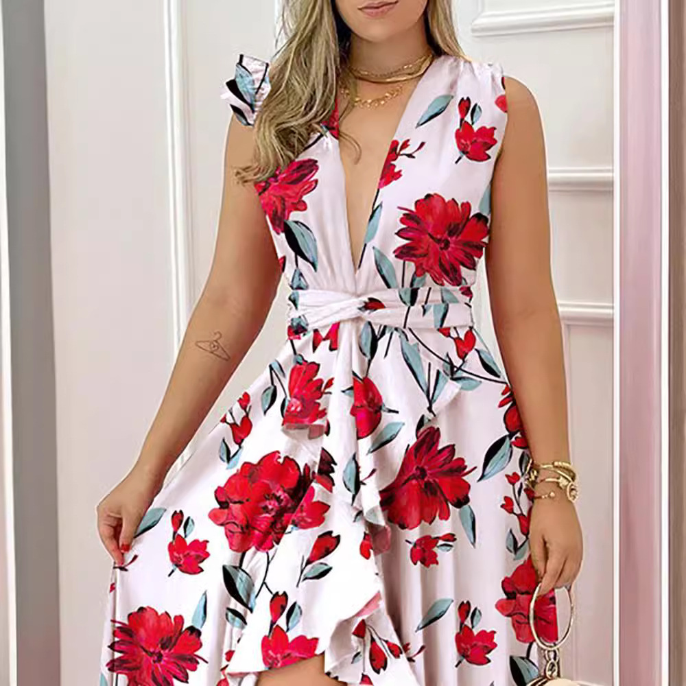 Women's High-waisted Red Stand Collar Printed Commuter Sleeveless Dress - Image 7