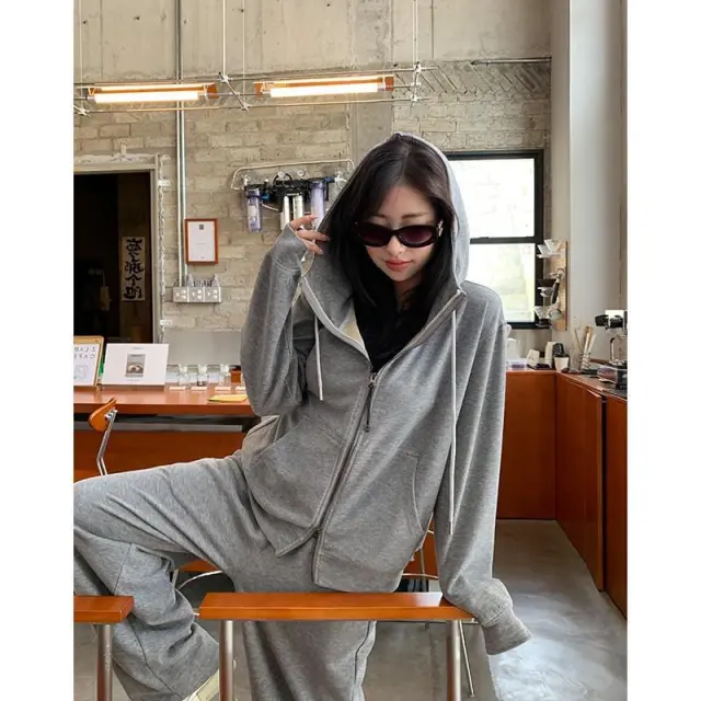 Hoodie Coat Wide leg Pants Suit Autumn Sports And Leisure Medium Gray Sweater - Shop at LoveMi