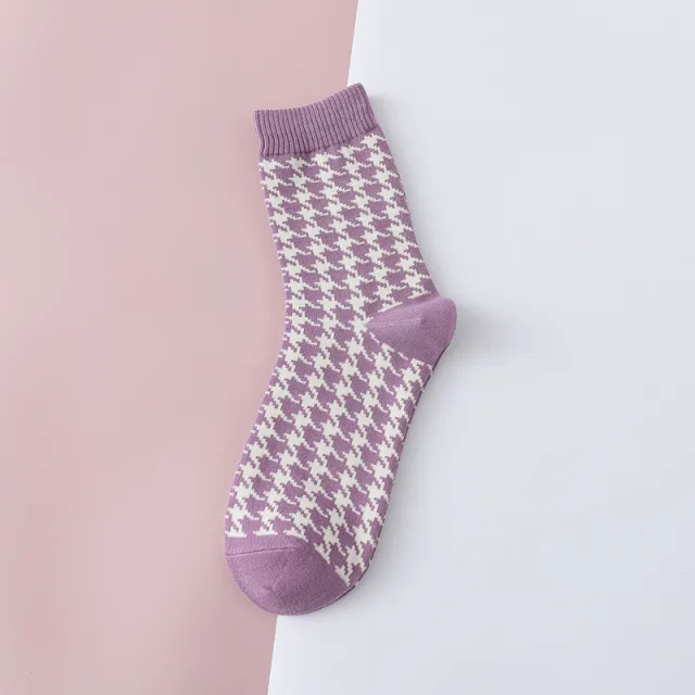 Women's Mid calf Retro Houndstooth Long Socks Purple Houndstooth - Shop at LoveMi