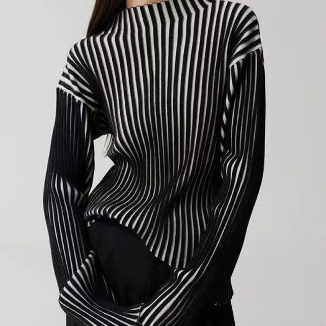 Long Sleeve Sweater Black And White Contrast Color Texture Half Turtleneck Sweater Black And White - Shop at LoveMi