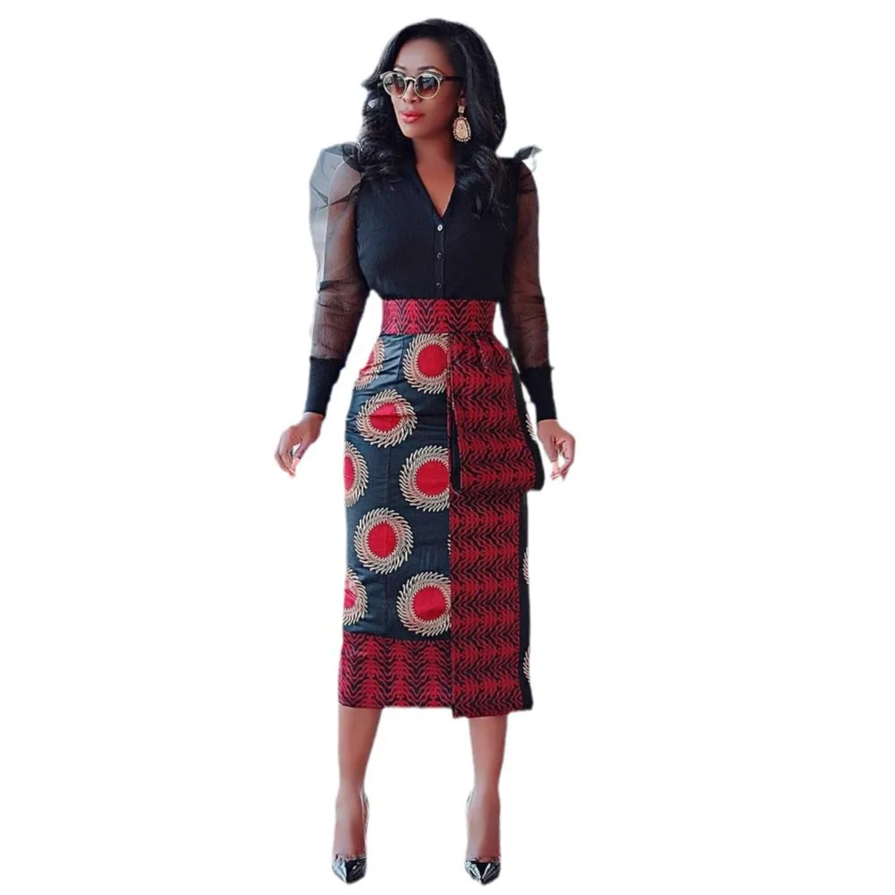 Women's Printed High Waist Hip Skirt Elastic Slim Fit - Red