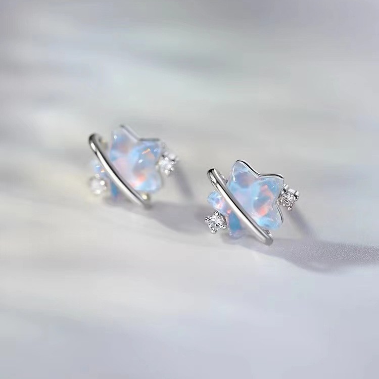 Sterling Silver Needle Star Ear Studs Minority Women