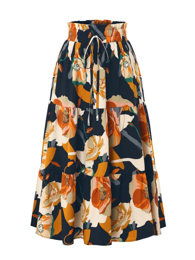 Women's Pleated Floral Print Elastic Waist Skirt Blue - Shop at LoveMi