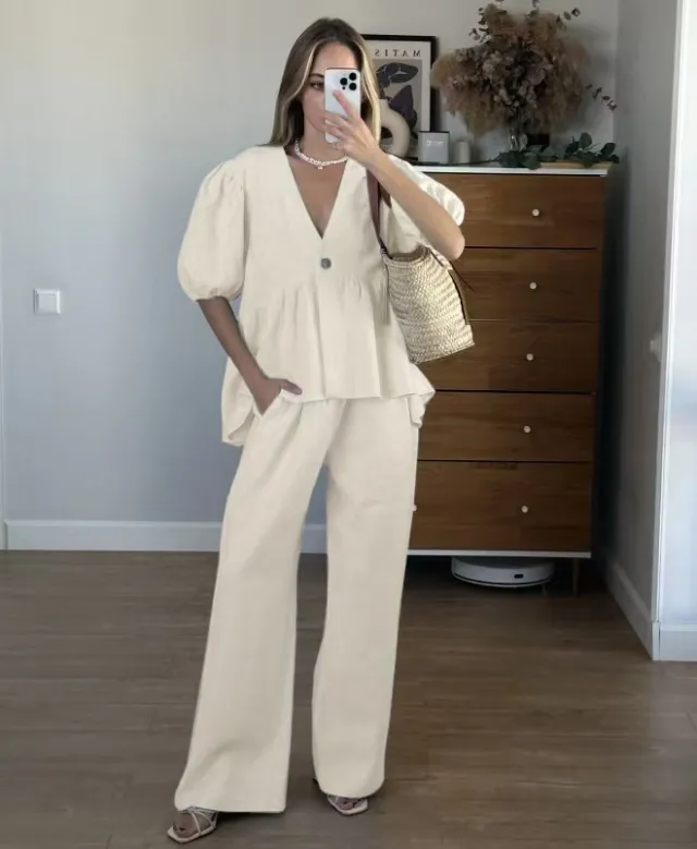 Sweet Atmosphere Solid Color And V neck Puff Short Sleeve Lace up Trousers Suit Apricot - Shop at LoveMi