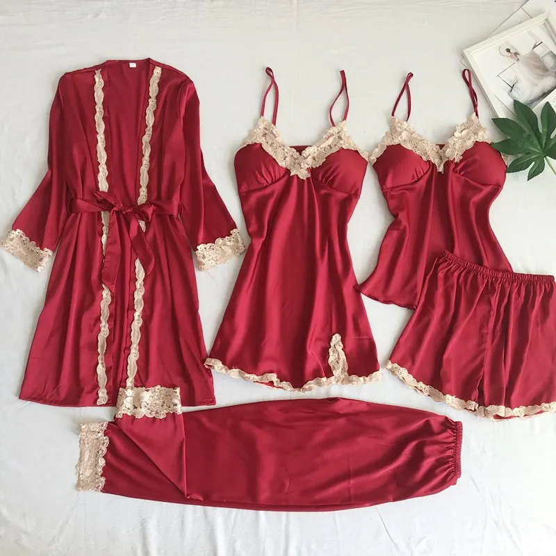Women's Imitated Silk Pyjamas Underwear Five-piece Sling - Red