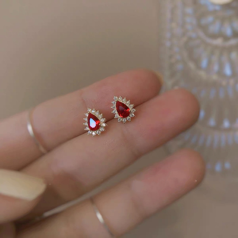 Womens French-style Pigeon-blood Red, Teardrop-shaped Full-diamond Stud Earrings