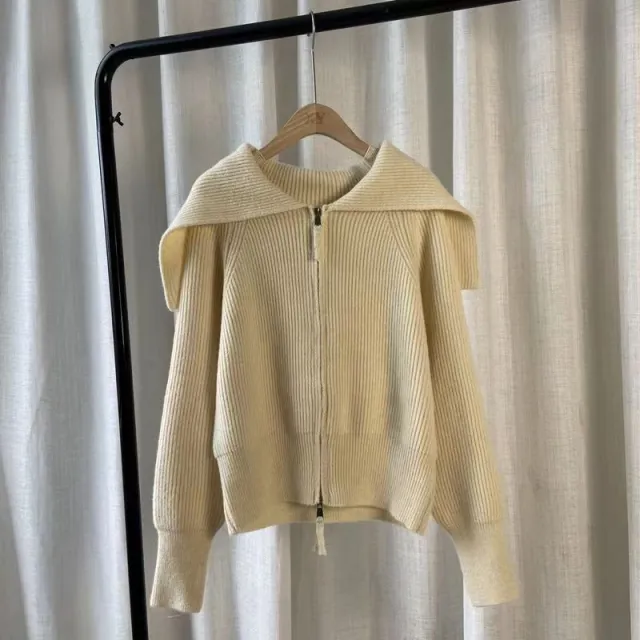 Large Lapel Double headed Zipper Sweater Coat Beige - Shop at LoveMi
