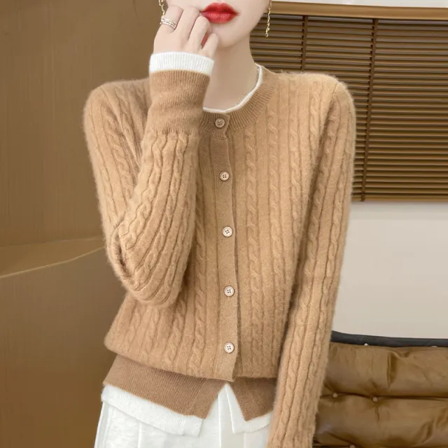 O neck Short Small Twist Knitted False Two Pieces Color Matching Cardigan Jacket Khaki - Shop at LoveMi
