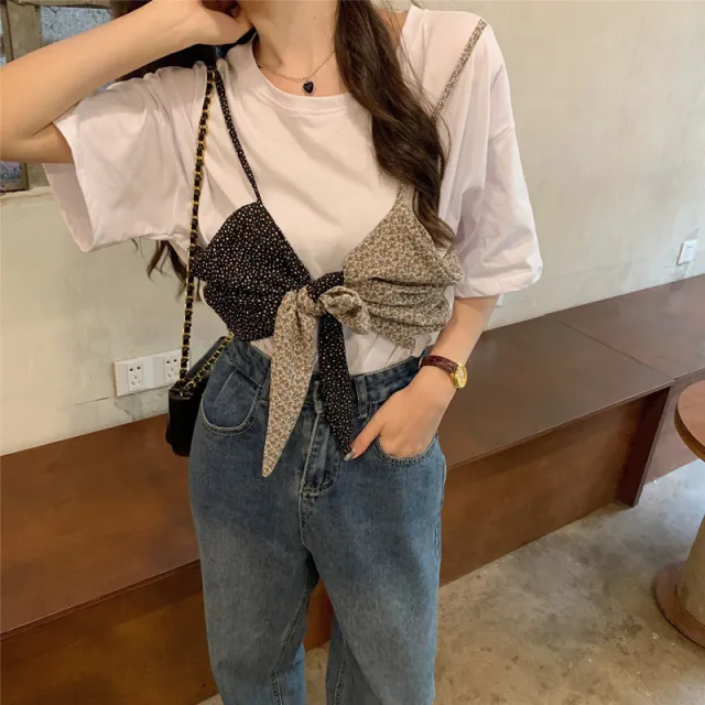 Bow Pure Cotton Loose Short Sleeve T shirt Women's Fake Two piece Top Black - Shop at LoveMi