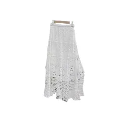 Lace Patchwork A- Line Skirt Holiday Style Hollow-out Midi Dress - White - View 1