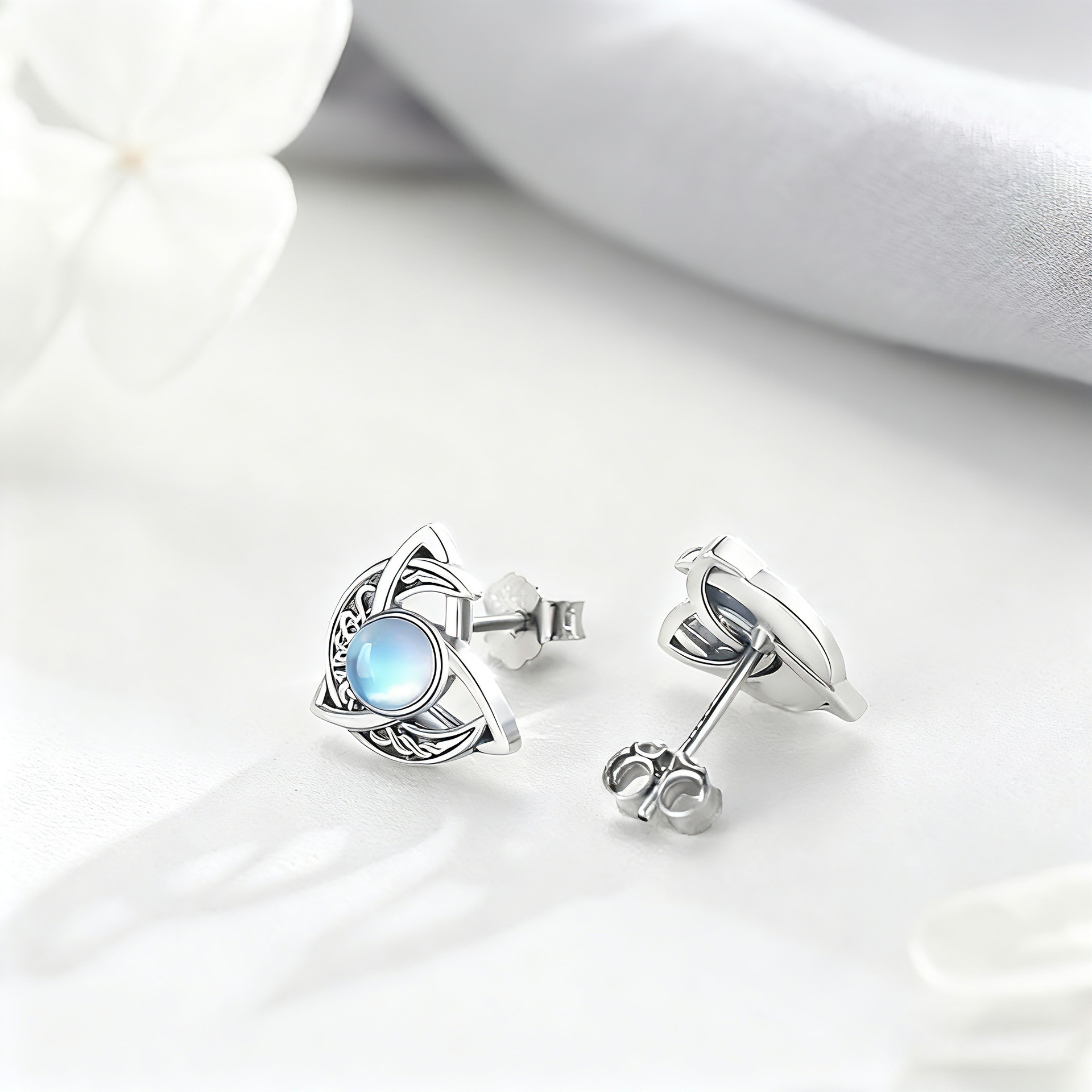 Sterling Silver Celtic Knot Moonstone Earrings Womens Vintage Moon Design