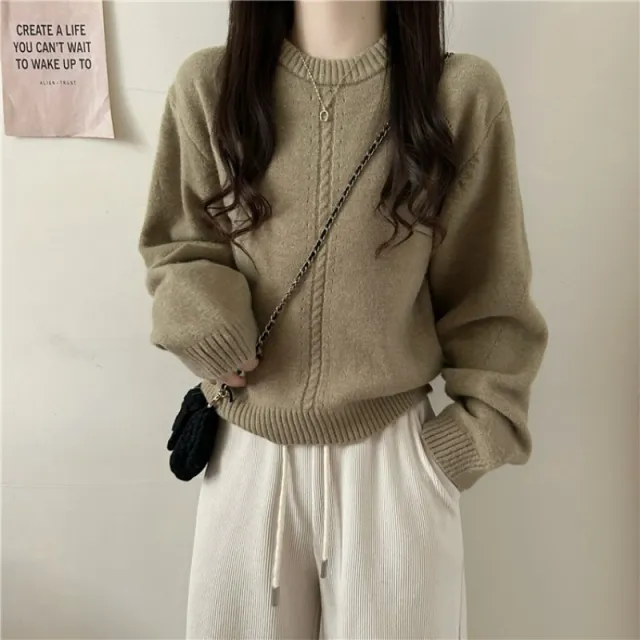 Korean Style Gentle Round Neck Cable knit Sweater Camel - Shop at LoveMi