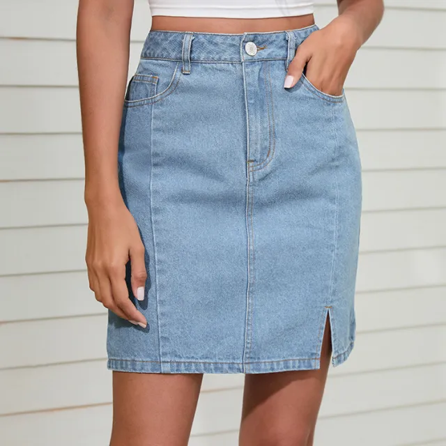 European And American Temperament Commute Washed Mid waist Split Denim Skirt Women Blue - Shop at LoveMi