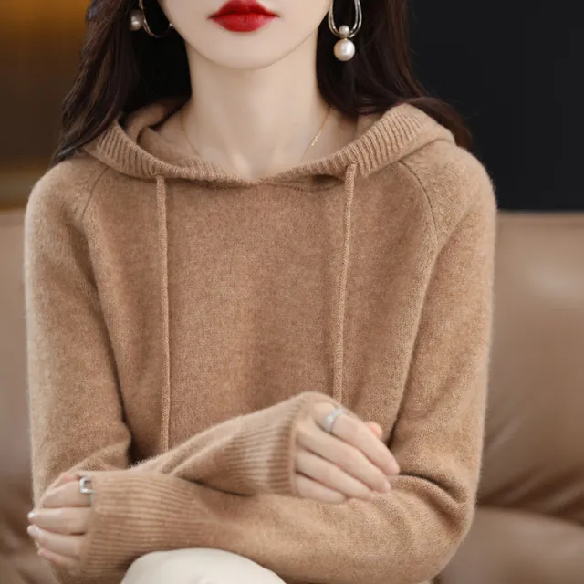 Loose Drawstring Casual Pullover Solid Color Outerwear Hooded Knitted Hoodie Camel - Shop at LoveMi