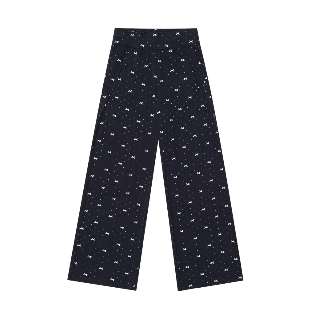 Polka Dot Bow Full Printed Design Loose Casual Wide-leg Trousers - Blue