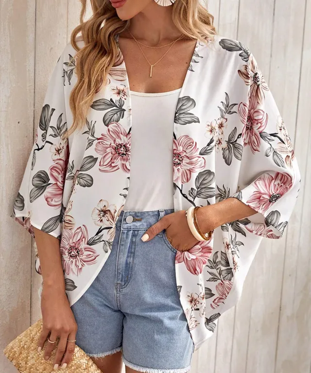 Fashion Printing Without Buckle Batwing Sleeve Coat White - Shop at LoveMi
