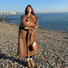 Women's Winter Double-sided Lamb Wool Coat Overcoat - Brown - View 1