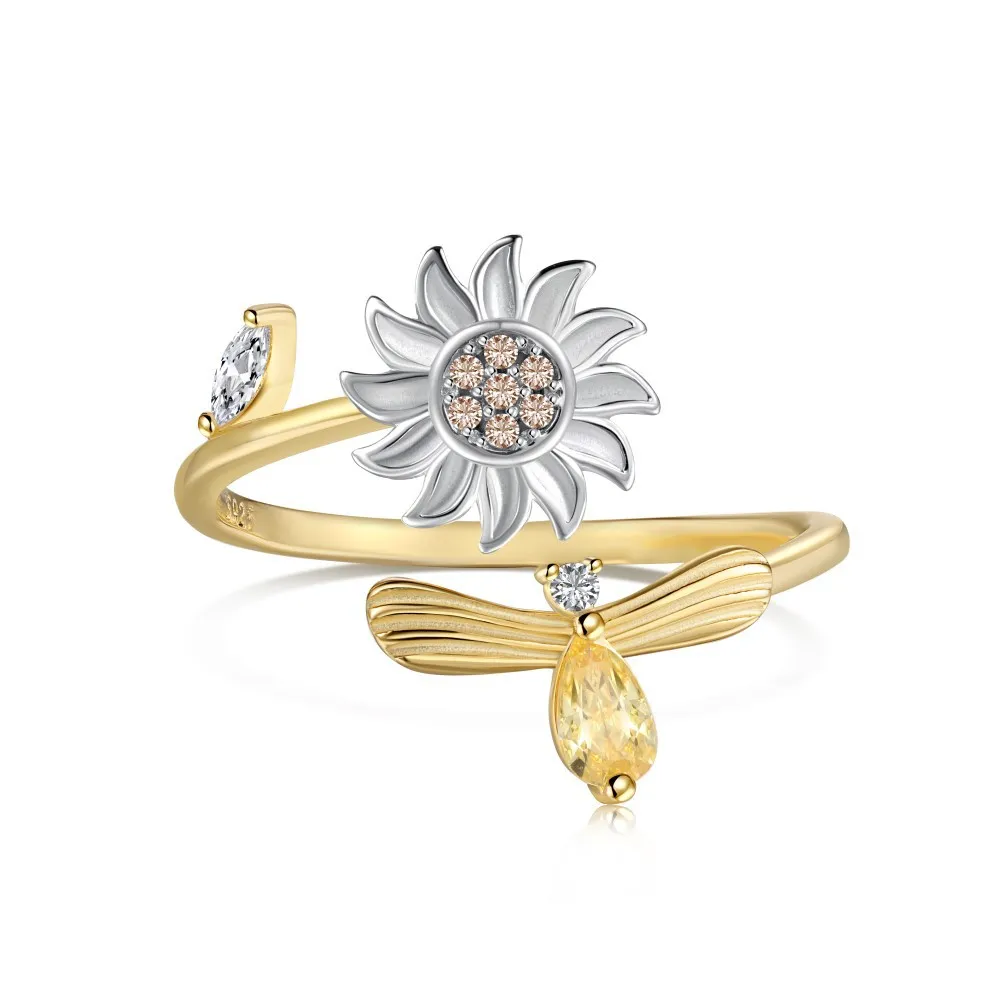 S925 Sterling Silver Female Ring Diamond Sunflower Rotatable Design Sense - Gold