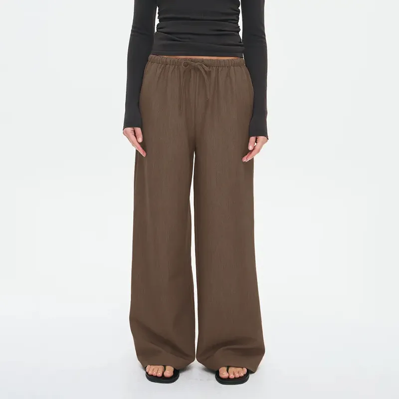 Women's Waist Drawstring Straight-leg Trousers Casual Pants - Brown