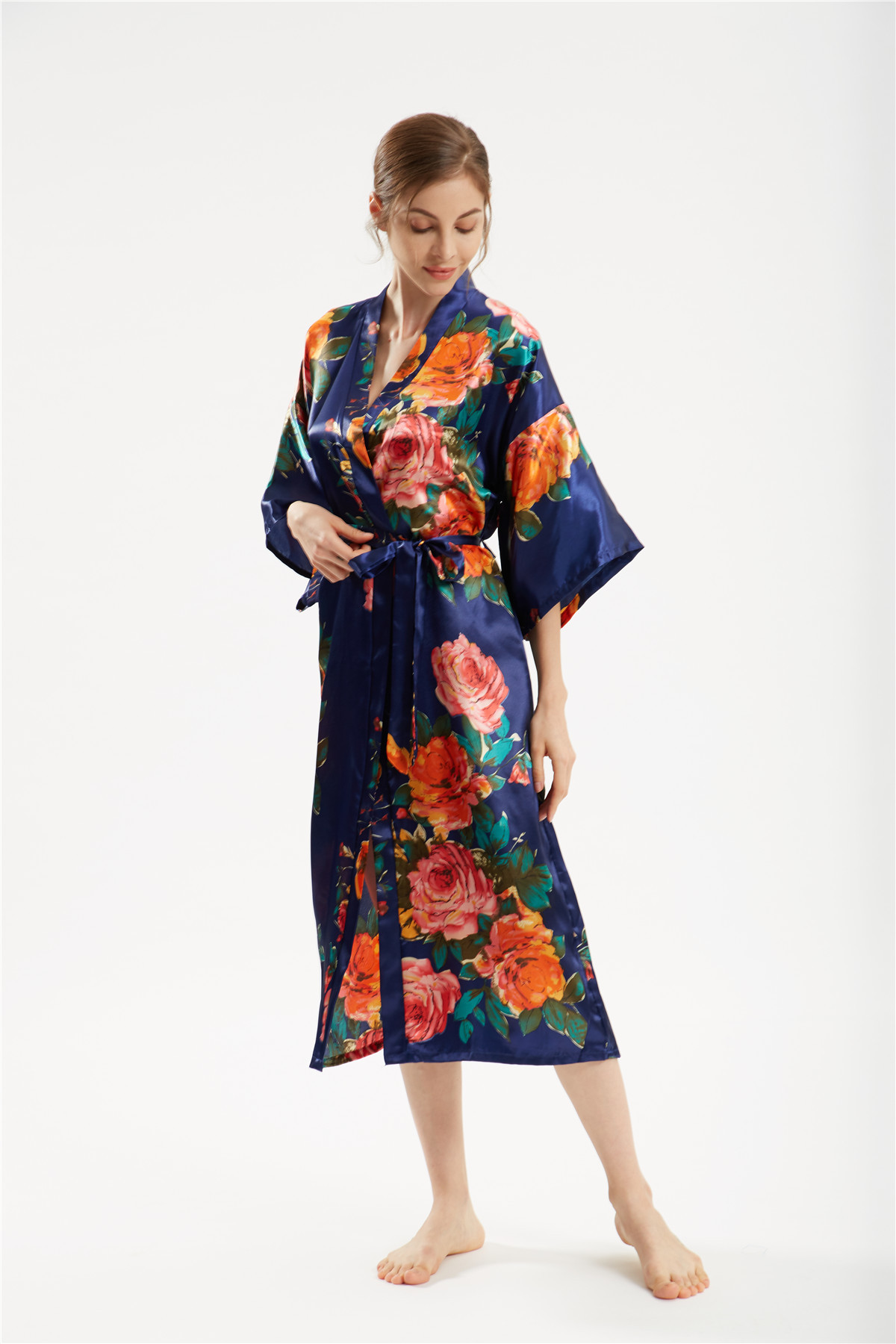 Title 5, Satin handbemalter Pfingstrose langer Kimono Yu...