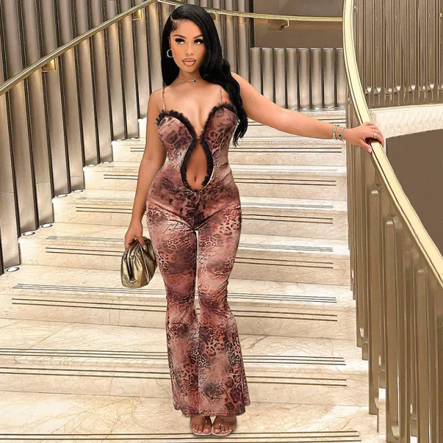 Digital Printed Sexy Cutout Sling Jumpsuit Brown - Shop at LoveMi