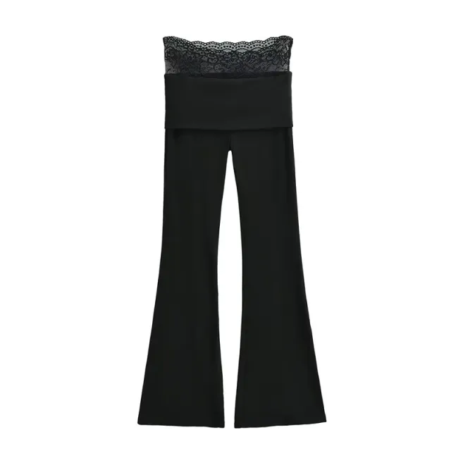 Double layer Flanging Lace Stitching Bootcut Trousers Spring Small Slim Elastic Draped Mop Trousers Black - Shop at LoveMi
