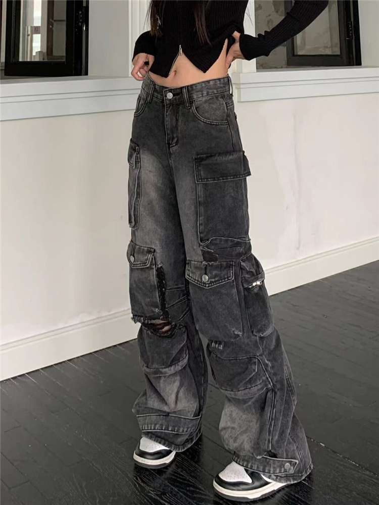 American Street Multi pocket Workwear Jeans For Women Black - Shop at LoveMi