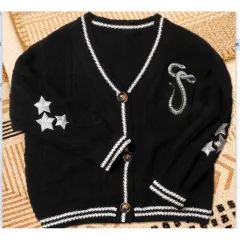 Women's V-neck XINGX Embroidered Long Sleeve Single Breasted Loose Casual Sweater - Black - View 1