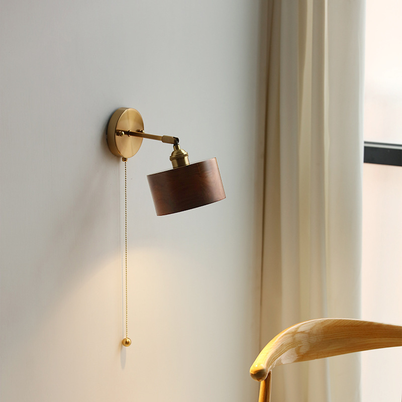 Black Walnut Bedroom Pull-chain Wall Lamp