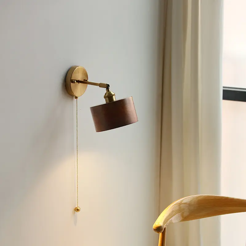 Black Walnut Bedroom Pull-chain Wall Lamp
