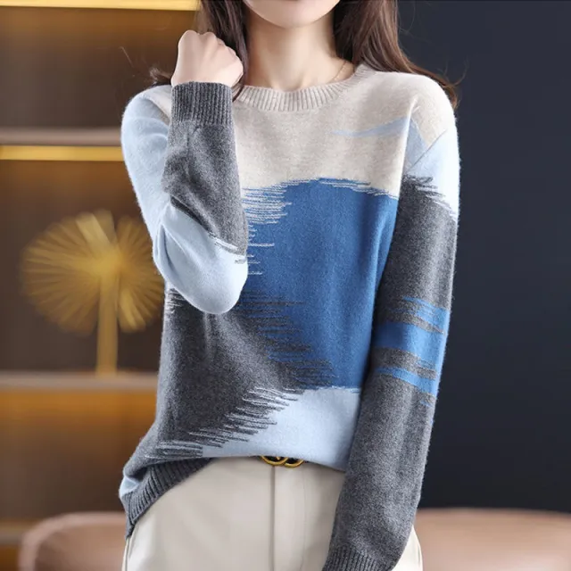 Fashion Round Neck Contrast Color Sweater Women's Autumn And Winter New Casual Loose Blue And Black Color Matching - Shop at LoveMi