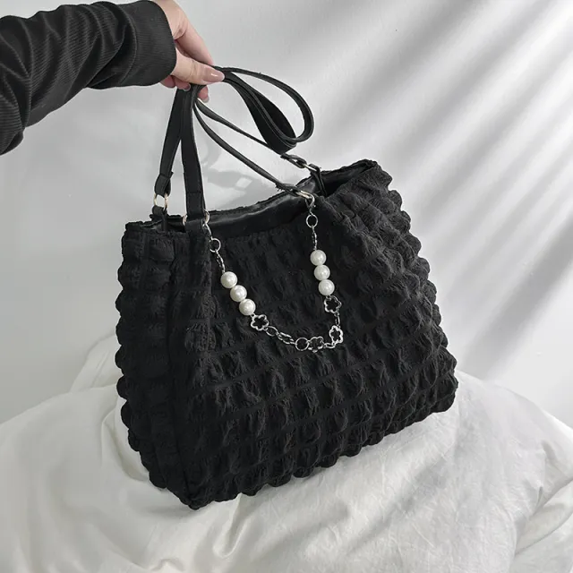 Portable Pleated Girl Heart Shoulder Tote Bag Black - Shop at LoveMi