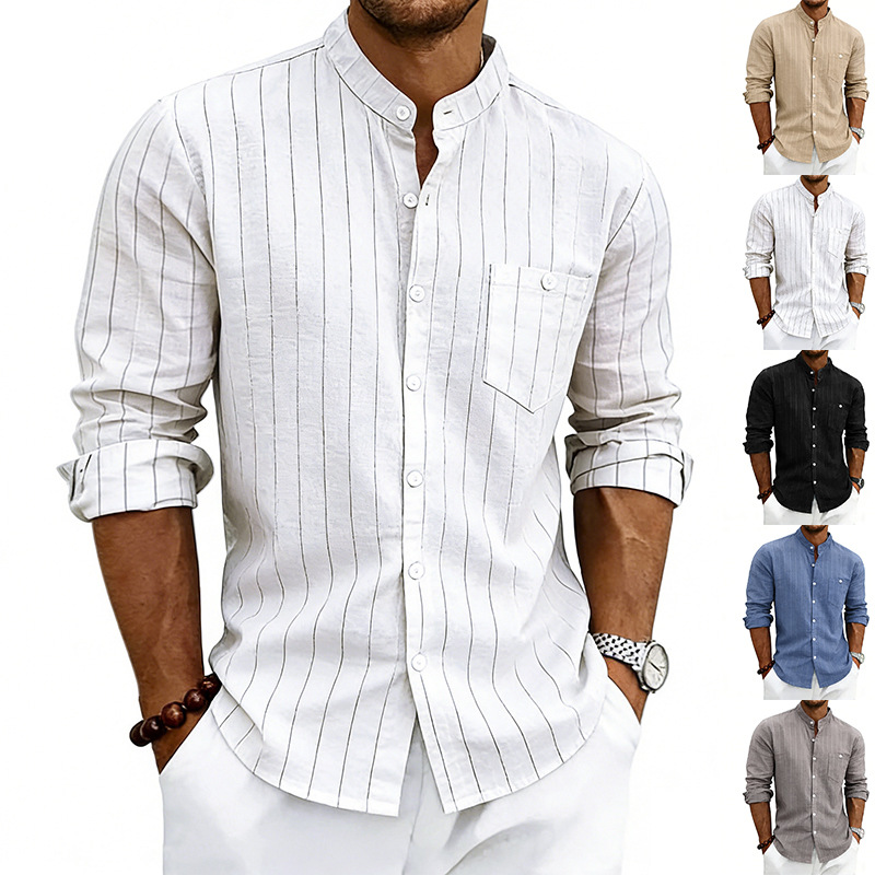 Linen Jacquard Striped Loose-fit Casual Stand-collar Long-sleeve Shirt