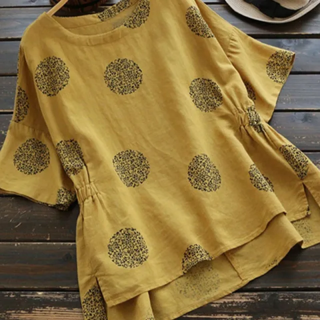 Short Sleeve Circle Printing Mori Style Vintage Cotton And Linen Tops Yellow - Shop at LoveMi