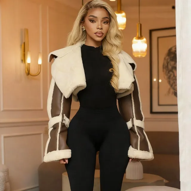 A Short Crop Top With A Fashionable Street PU Leather Patchwork Fur Collar Brown - Shop at LoveMi