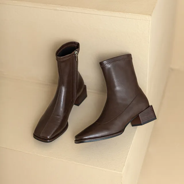 Leather Skinny Square Toe Mid heel Autumn And Winter Knee high Martin Boots Brown - Shop at LoveMi
