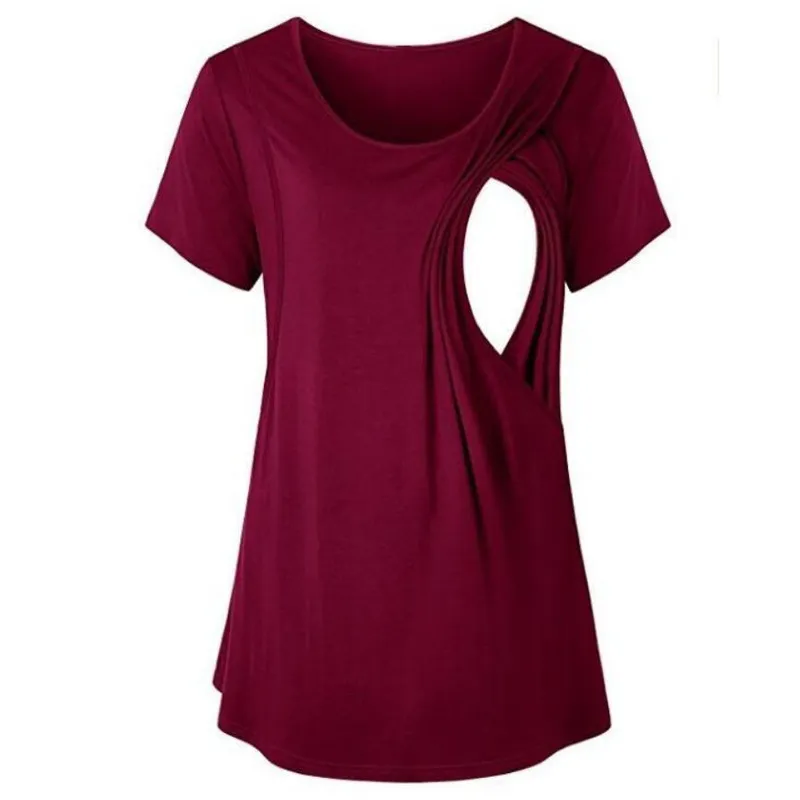 New Round Neck Solid Color Short Sleeve Maternity T-shirt - Red