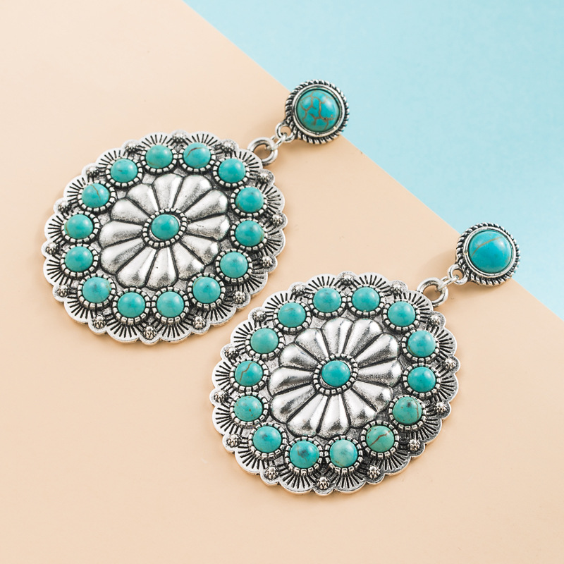 Vintage Bold Statement Earrings Featuring Antique Silver And Turquoise
