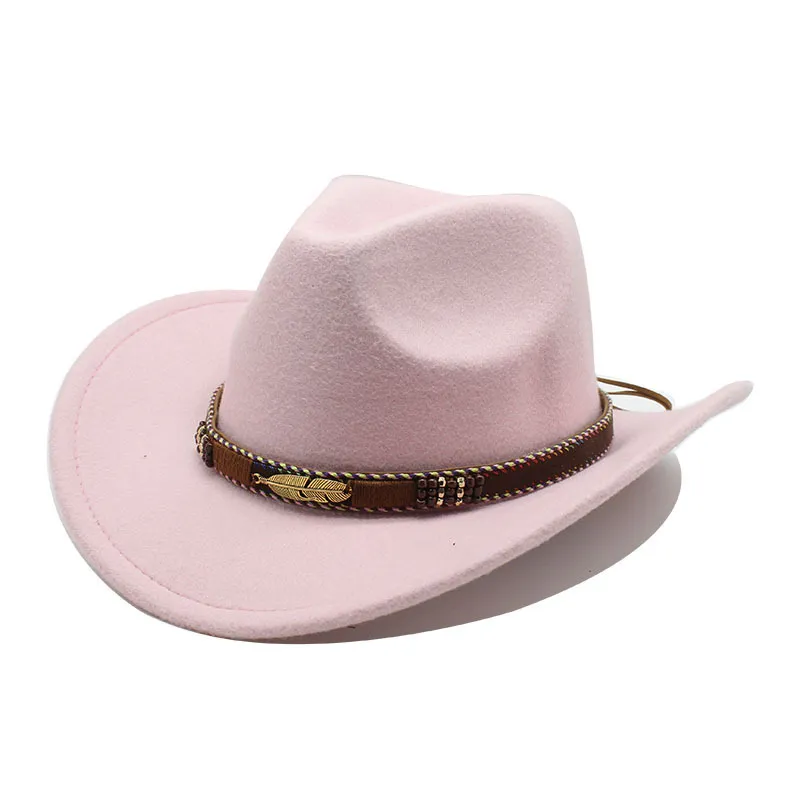 Ethnic Style Metal Feather Western Denim Top Hat - Pink