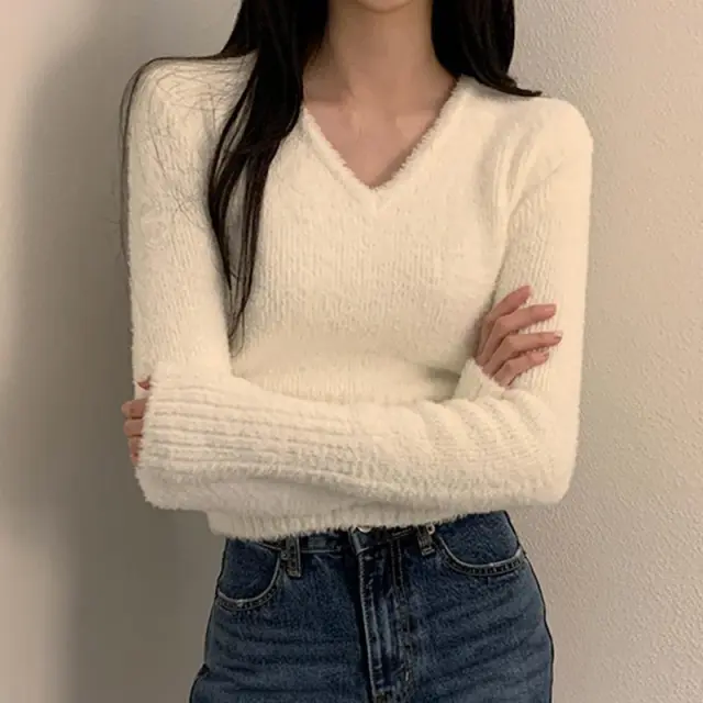 V neck Sweater Top Simple All match Long Sleeves Sweater White - Shop at LoveMi