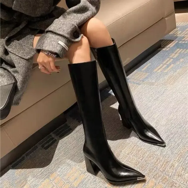 Soft Leather Pointed Toe Thick High Heel Long Boots Black - Shop at LoveMi