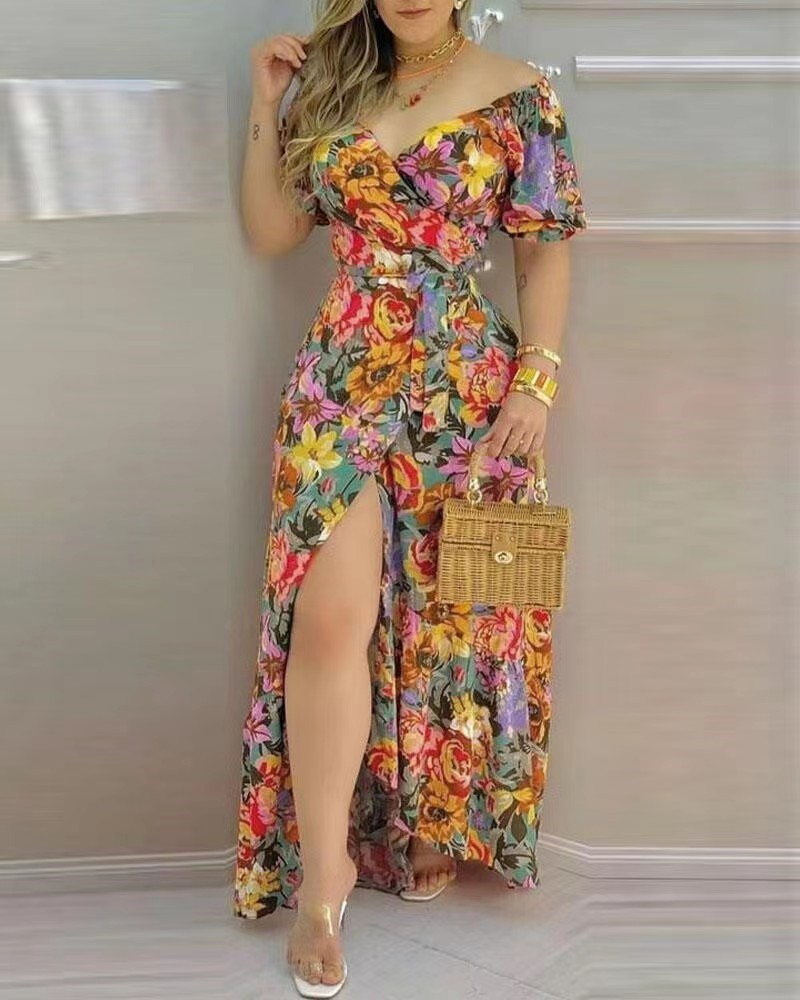 Short Sleeve Printed V-neck Waist-controlled Lace-up Dress