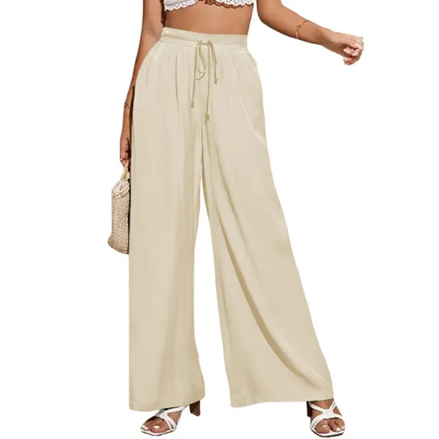 European And American Summer Pure Color Elastic Waist Lace up Loose Wide leg Pants Apricot - Shop at LoveMi
