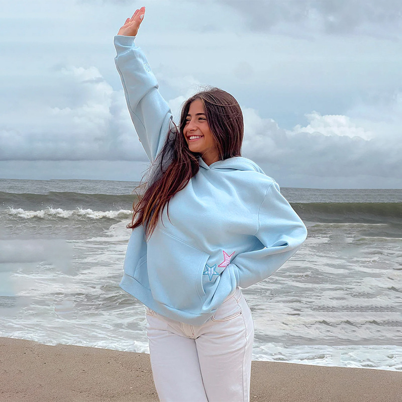 JY24491 Trendy Star Appliqued Hoodie for Women, Fashion Street Casual Versatile Loose Top