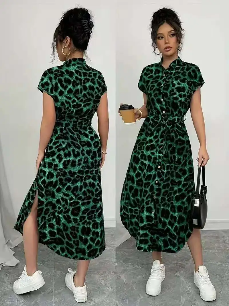 Leopard Print Front Button Shirt Belt Bow Shirt For Women - Green