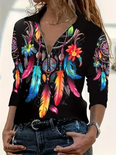 Autumn And Winter New Women's Lapel Zipper Long Sleeve Printed T-shirt - Feather Print - View 1