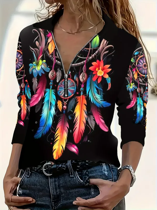 Autumn And Winter New Women's Lapel Zipper Long Sleeve Printed T shirt Feather Print - Shop at LoveMi